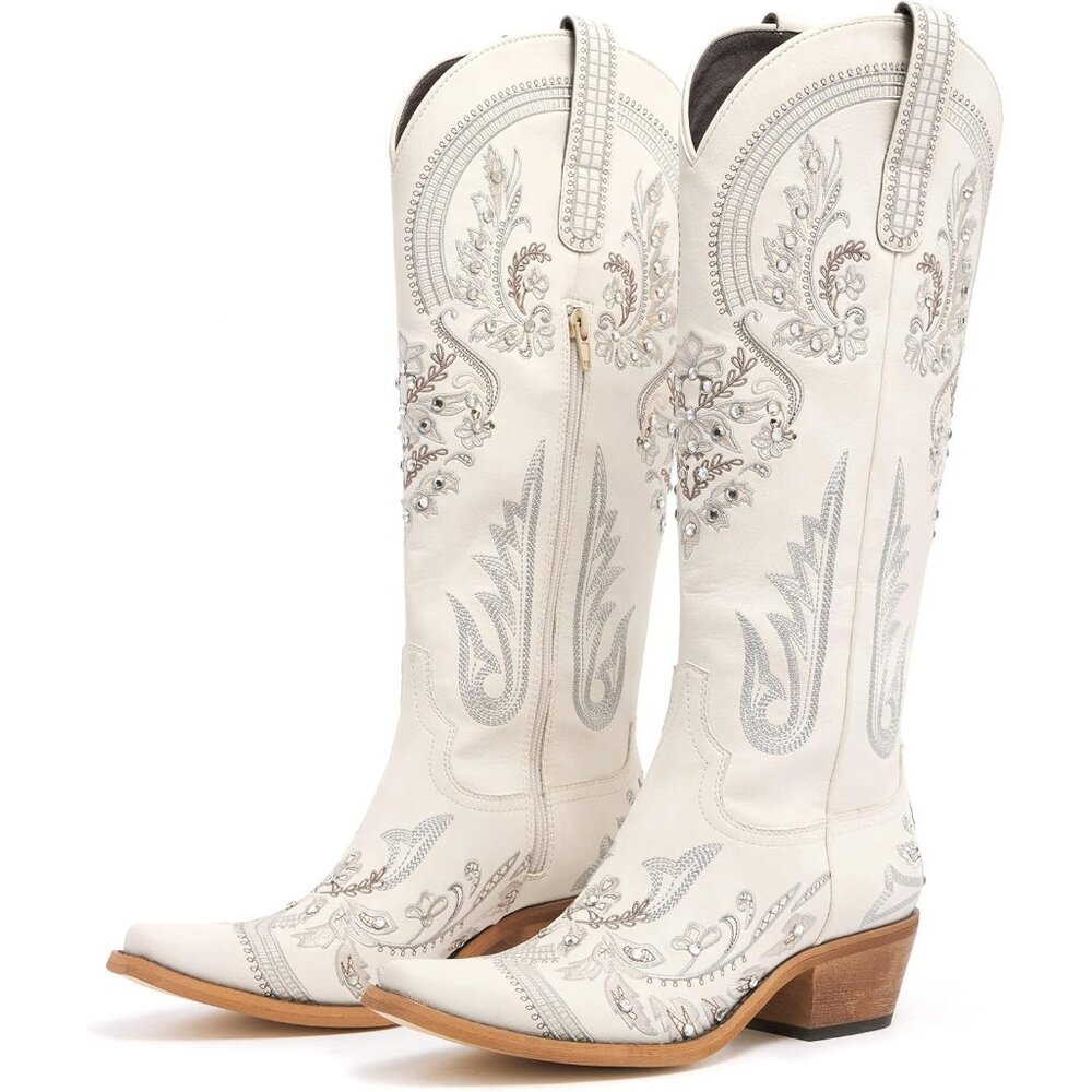 Women's Cream Embroidered Rhinestones Knee High Cowgirl Boots Pointed Toe - Picture 6 of 7